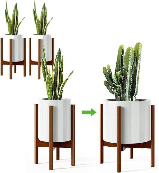 MUDEELA 2 Pack Adjustable Plant Stand Indoor, Bamboo Plant Stand 8 to 12 Inches, Single Floor Plant Stand for Indoor Plants, Bamboo Dark Brown Planter Stand for Indoor Plants, Pot Plant Not Included