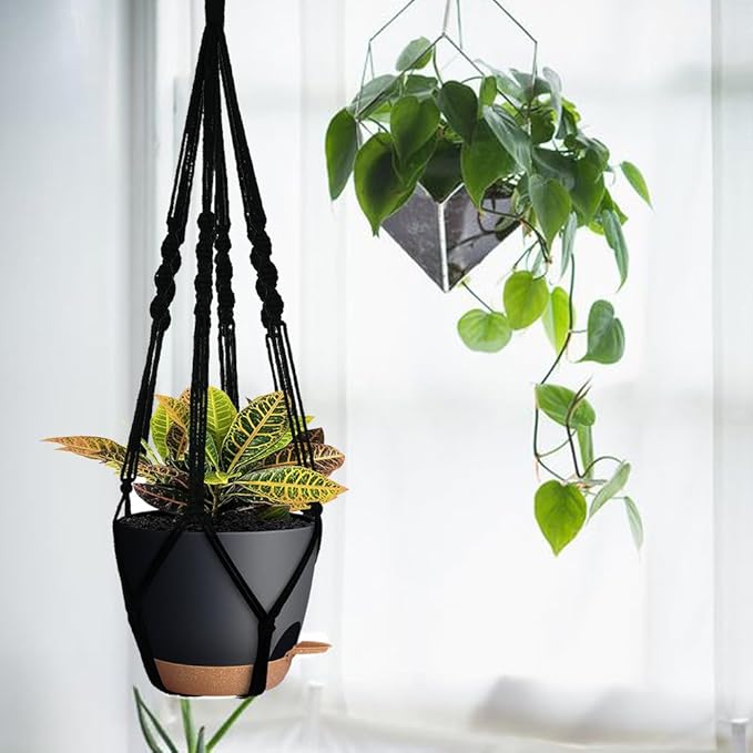 3 Pack Self Watering Hanging Planters Macrame Plant Hangers with Indoor Flower Pots, 3 Different Size Hanging Basket, Plant Hanger with Hooks for Garden Home Decor Black