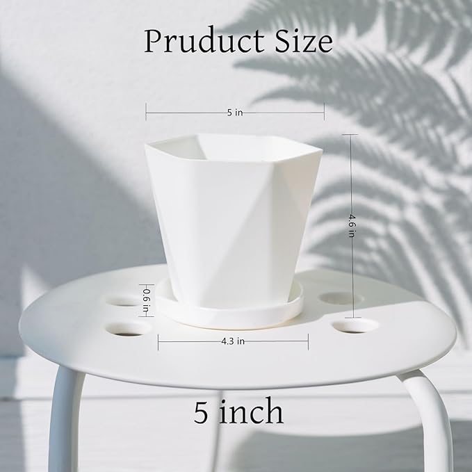 InmeRun Plant Pots Indoor Plastic Flower Pots Outdoor 5 inch Set of 6 Pack with Drainage Holes and Saucers for Garden Pots (5inch-6white)