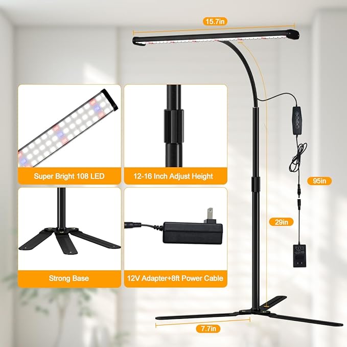 Grow Light for Indoor Plants, Super Bright 6000K 108LEDs Full Spectrum Plant Lamp with Timer 4/8/12Hrs & Height Extendable for Home Office Desktop Plants, 12V 3A High Power Output for Faster Growth