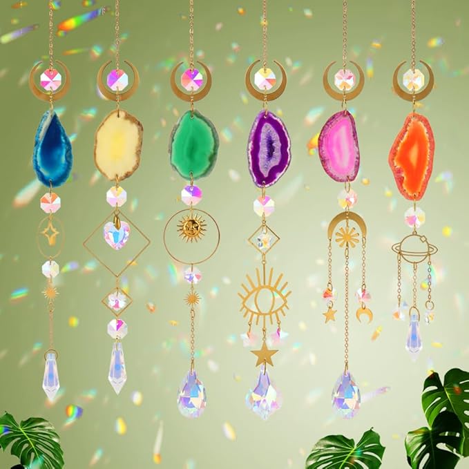 Sun Catcher, 6 pcs Sun Catchers with Crystals Prism Agate Slices Bulk Outdoor Garden Indoor Hanging Decor for Home Car Window Christmas Party Wedding Gift