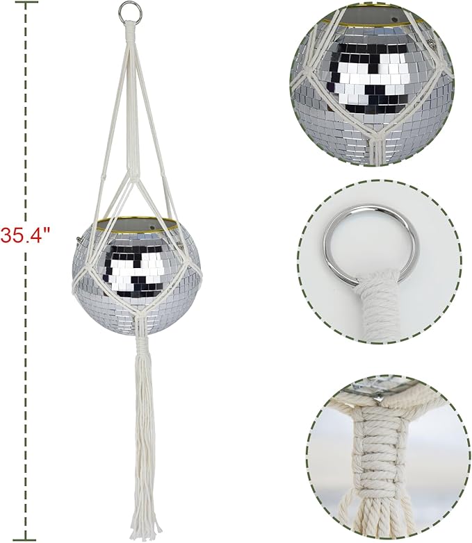 Disco Ball Planter, 8" Disco Planter with Hanging Rope, Hanging Chain & Hook & Ring Stand, Disco Ball Plant Hangers for Indoor and Outdoor Plants, Hanging Plant Holder (Silver, 1 Pack 8")