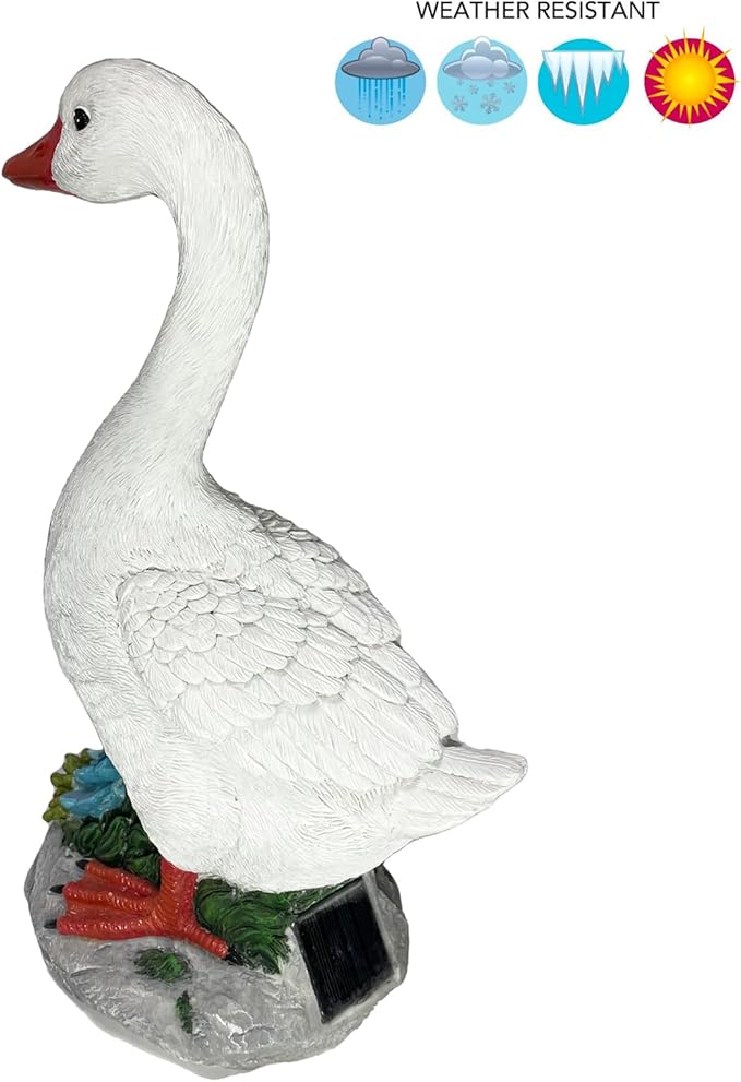 Resin GG Goose Statue with Two Solar Lights, Small Size, Garden Lawn Décor, Table Desk Corner Front Steps Decor, 13.1 inches Tall, White Duck, Indoor/Outdoor, by GGTown TM