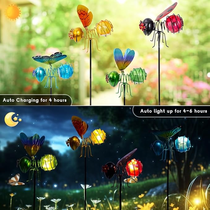 Insects Solar Garden Lights, 22.4" H Butterfly & Bee & Dragonfly & Ladybug Solar Stake Light, 4 Pcs Outdoor Statues Figurine Lights for Spring Garden Lawn Patio Yard Decoration