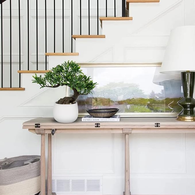 DILATATA Fake Bonsai Tree Zen Juniper Bonsai Plant 10” Tall Artificial Bonsai Trees with White Ceramic Pot Decorated with Pebbles Desk Plant Indoor Bonsai for Home Office Decor