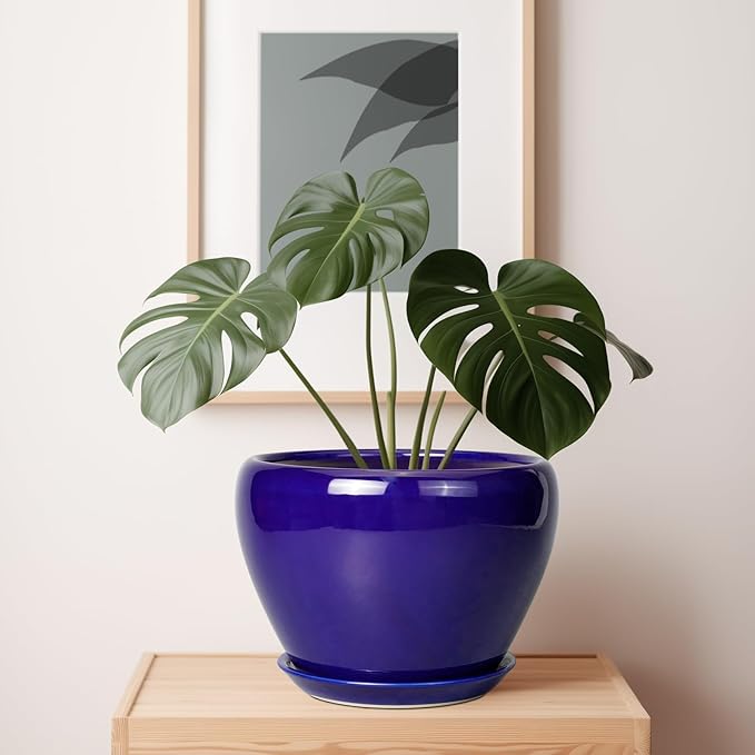 Ceramic Planter 10 Inch - Indoor Plant Pot for Plants with Drainage Hole and Saucer Large Planter Round Outdoor Flower Pot Mid-Century for House Patio Decor Blue