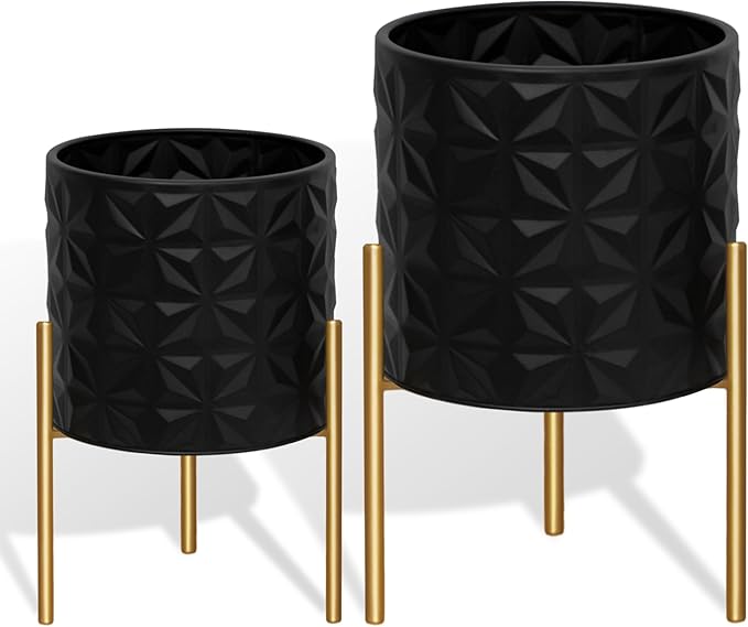 ARNIS Modern Planter Pots, Set of 2 Large Planters with Stand, Decorative Planters, Metal Pots with Drainage Holes for Living Room, Office, Garden or Balcony, 8.25 &10.5 Inch, Matte Black