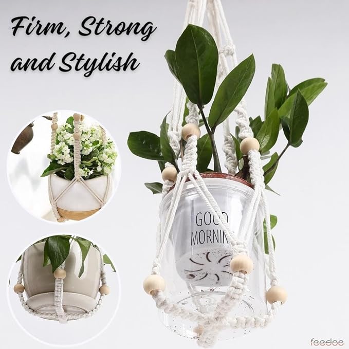3 Pack Macrame Plant Hanger, Hanging Planters for Indoor Plants Holder With Wood Beads, No Tassels Hanging Plant Holder 3 Hooks, Different Size Boho Plant Hanger, Home Decor, Ivory (POTS NOT INCLUDED)