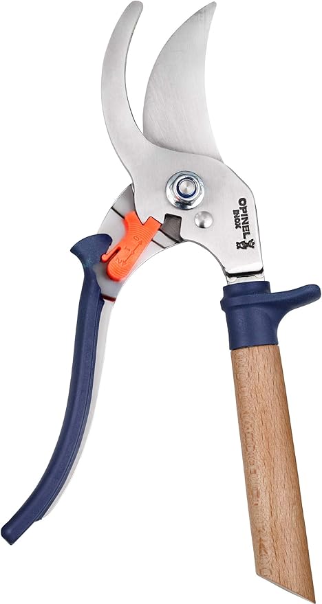 Opinel Hand Pruning Shears with non-slip beech wood handle perfect for bypass trimmers, garden, hedge, lawn clippers or hand scissors with stainless steel blade (Blue)