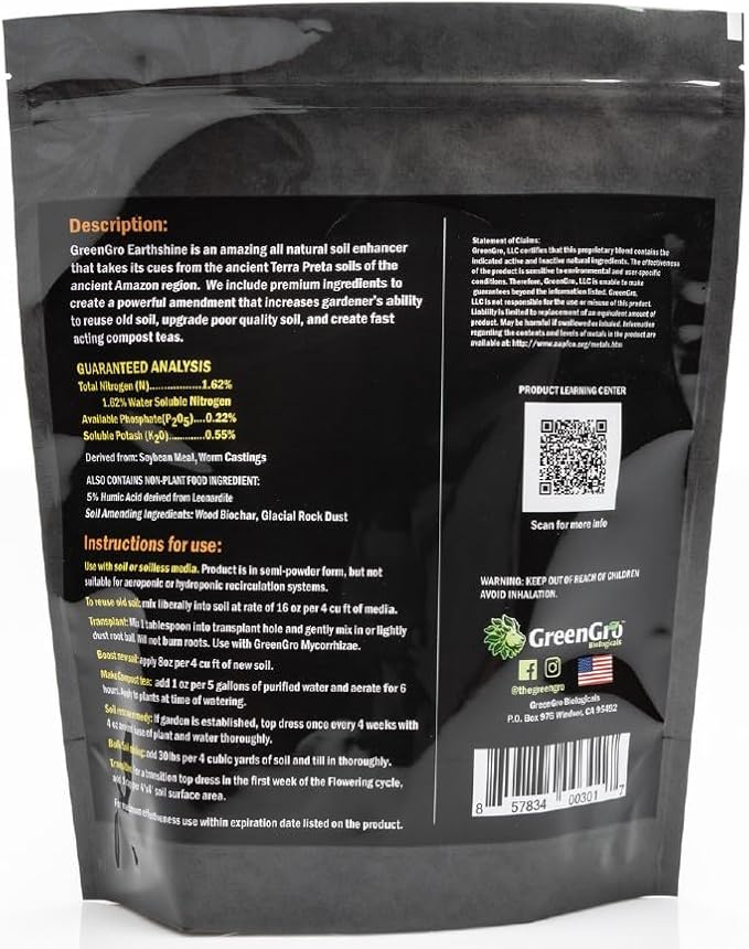 GreenGro Earthshine - Biochar & Humic Acid Blend/Activated Charcoal/Sequesters Carbon/Organic Soil Booster, Top Soil, Plant Food/Compost Tea Accelerator/Derived from Worm Castings / 5lb