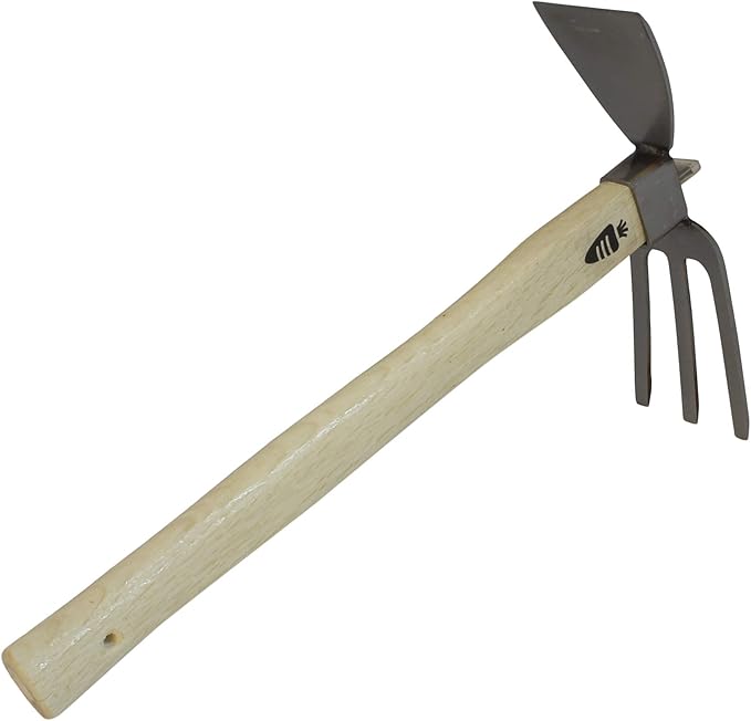 Carrot Design Stainless Japanese Style Garden Hoe and Cultivator Dual Headed Weeding Tool - 3 Prongs Combo Garden Tools with Wood Handle