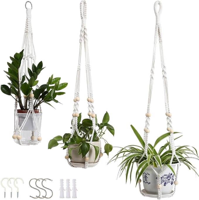 3 Pack Macrame Plant Hanger, Hanging Planters for Indoor Plants Holder With Wood Beads, No Tassels Hanging Plant Holder 3 Hooks, Different Size Boho Plant Hanger, Home Decor, Ivory (POTS NOT INCLUDED)
