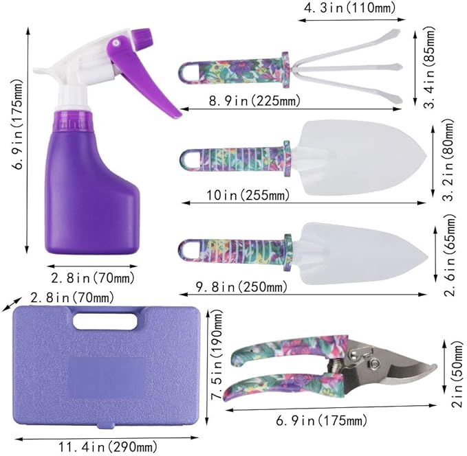 Garden Tools Set for Women, BENBO 7 Pieces Garden Hand Tools with Carrying Case, Ergonomic Non Slip Handle Pruning Shear Rake Shovels Spray Bottle and Gloves, Purple Floral Print Gardening Tools Gifts