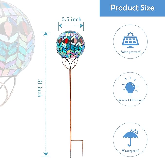 Afirst Solar Outdoor Garden Lights Decorative - Mosaic Solar Stakes Gazing Ball Waterproof Outdoor Lights Stakes for Pathway Yard Lawn Decoration(Green)