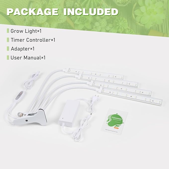 FOXGARDEN® Plant Lights for Indoor Growing, Grow Light Full Spectrum with Timer 4/8/12 H, Four-Head 208 LED Grow Lamp with Flexible Gooseneck & Clamp on Desk, 4 Brightness Levels for Indoor Plants