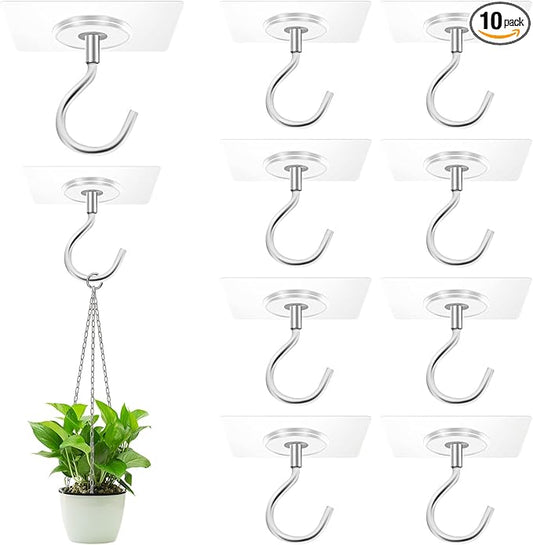 Adhesive Ceiling Hooks,10 Pack No Drill Ceiling Hanging Hook for Hanging Plants Lanterns,Wind Chimes Stainless Steel Outdoor Adhesive Hooks