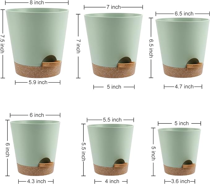 Indoor Self Watering Planters with Drainage Holes and Saucers, 8, 7, 6.5, 6, 5.5, 5 Inches, Green, 6 Pots