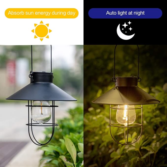 HUYIENO 2Pack Solar Metal Hanging Lantern with Shepherd Hook Outdoor Led Garden Lights Black