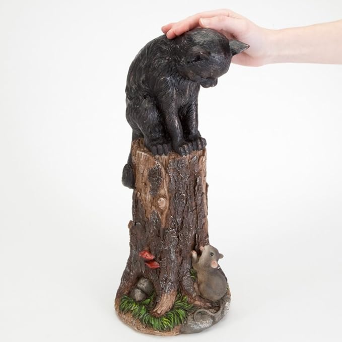 Bits and Pieces - Cat & Mouse Garden Statue- Outdoor Kitten on a Stump Sculpture - 17" Polyresin Home Décor Weather Resistant Lawn Ornament