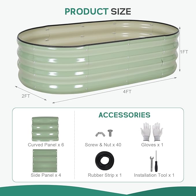 Galvanized Raised Garden Bed - 4×2×1ft (2 Packs) Planter Raised Beds for Gardening | Oval Metal Garden Planter Box with Safety Edging and Gloves for Vegetables Fruits Flower - AvocadoGreen
