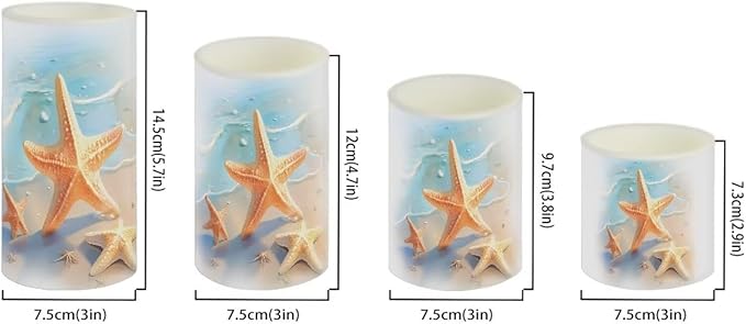 Flameless Candles Battery Powered LED Pillar Candle Tealights with Remote Timer Color Changing Control for Indoor Outdoor Coastal Home Decor Set of 4, Beach Starfish Blue