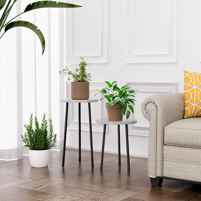 Plant Stand Indoor Tall: Corner Wood Plant Stand 2 Pack Mid Century Modern Decor - Small Round Plant Table for Indoor Plants - Outdoor Plant Holder for Patio Living Room Bathroom Office (White Marble)