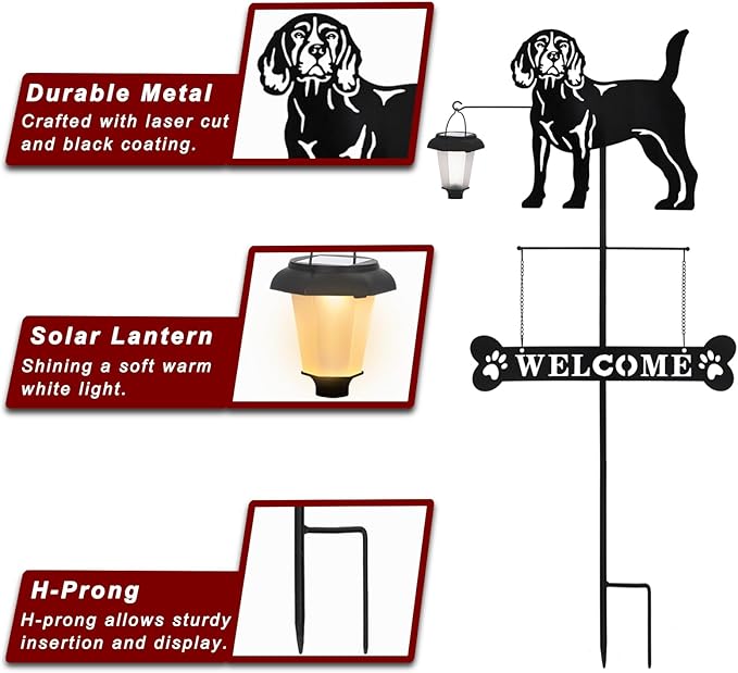 BAYN Solar Beagle Silhouette Dog Breed Welcome Sign with a Lantern Outdoor Decorative Garden Stakes for Yard, Lawn, Patio, Pathway