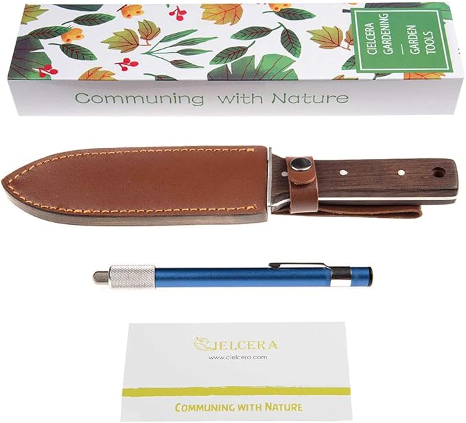 12" Hori Hori Garden Knife (Right Serrated Blade) with Free Diamond Sharpening Rod, Ideal Gardening Digging Landscaping Weeding Tool, with Thick Sheath and a Fine Gift Box