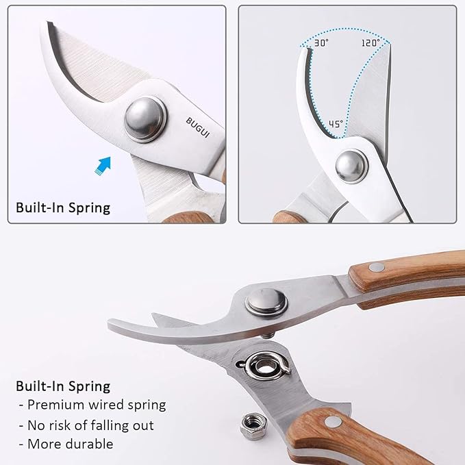 BUGUI 8β Wood Handle Garden Scissors, Set of 2, Includes Bypass Pruning Shears and Long Straight Tip Clippers, Premium Gardening Tools with Precision-Ground SK-5 Steel Blade
