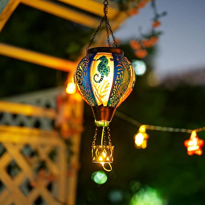 Seahorse Solar Hot Air Balloon Lantern with Flame Flickering Metal Hot Air Balloon Solar Lanterns Outdoor Waterproof Hanging Outdoor Lights for Yard,Patio,Garden Decor Birthday Gift for Women