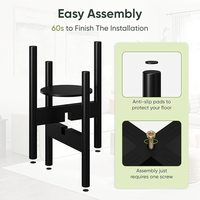 2 Pack Adjustable Plant Stand, Bamboo Plant Stand Indoor with Tray, Wood Plant Stand for 8 to 12 inches Flower Pots, Single Mid-Century Modern Plant Stand for Indoor Plants, Black