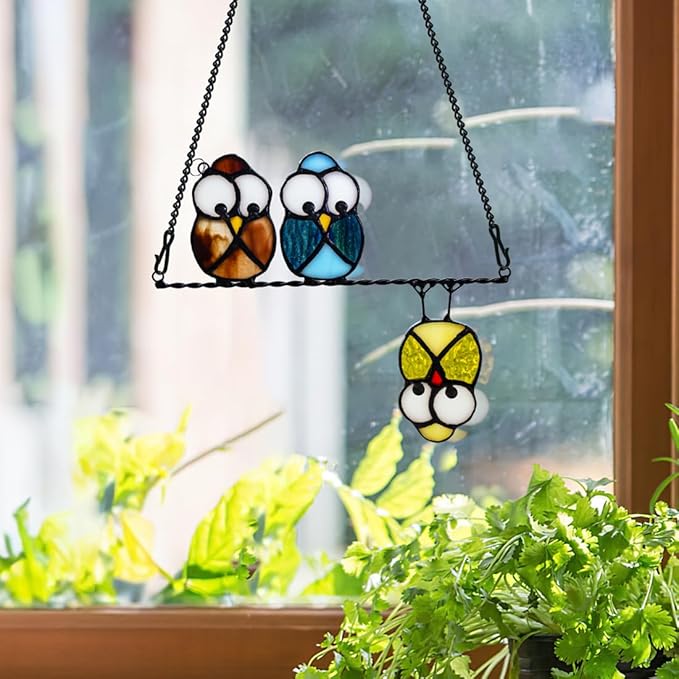 Owl Bird Gifts for Bird Lovers Stained Glass Suncatchers for Windows,Bird Decor Stained Glass Window Hangings,Owl Ornament Housewarming Gifts Owl Gifts for Women Owl Lover