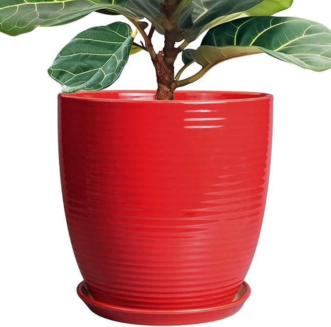 Ceramic Pot for Plants 12 Inch - Plant Pot Indoor with Drainage Hole and Saucer Round Large Planter for Outdoor Plants Mid Century Modern Flower Pot for Home Decor Red