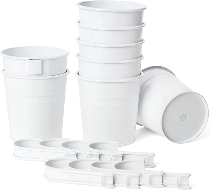 Dahey 10 Pcs Hanging Flower Pots Metal Iron Bucket Planter for Railing Fence Balcony Garden Home Decoration Flower Holders with Detachable Hooks, White, 5 inches