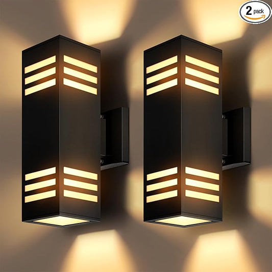 2 Pack Outdoor Wall Lights, Up/Down Modern Wall Sconce Exterior Lighting Fixture Square Wall Lamp Aluminum IP65 Waterproof Wall Mount Porch Lights ETL Listed E26 Bulbs Included 2700K