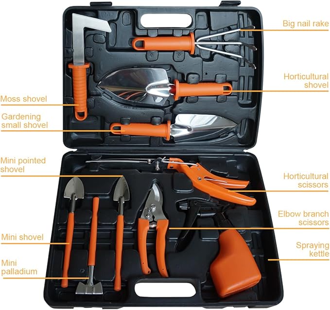 10 Pieces Gardening Tools Set, Ergonomic Handle Sprayer, Pruner,Shears,Grass Cutter,Hand Trowel,Rake,Shovel,Glove,Outdoor Garden Tools with Carrying Suitcase,Ideal Garden Tool Gifts for Women