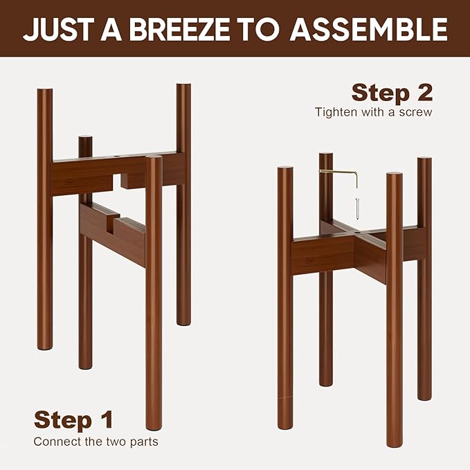 MUDEELA 2 Pack Adjustable Plant Stand Indoor, Bamboo Plant Stand 8 to 12 Inches, Single Floor Plant Stand for Indoor Plants, Bamboo Dark Brown Planter Stand for Indoor Plants, Pot Plant Not Included