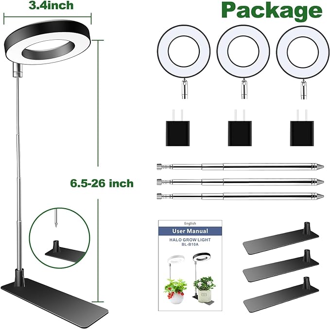 Plant Grow Light, 48 LEDs Full Spectrum Grow Light for Indoor Plants, Height Adjustable Small Halo Light with Base, 3 Optional Spectrums, Auto Timer 3/9/12Hrs, 10 Brightness, 3 Pack