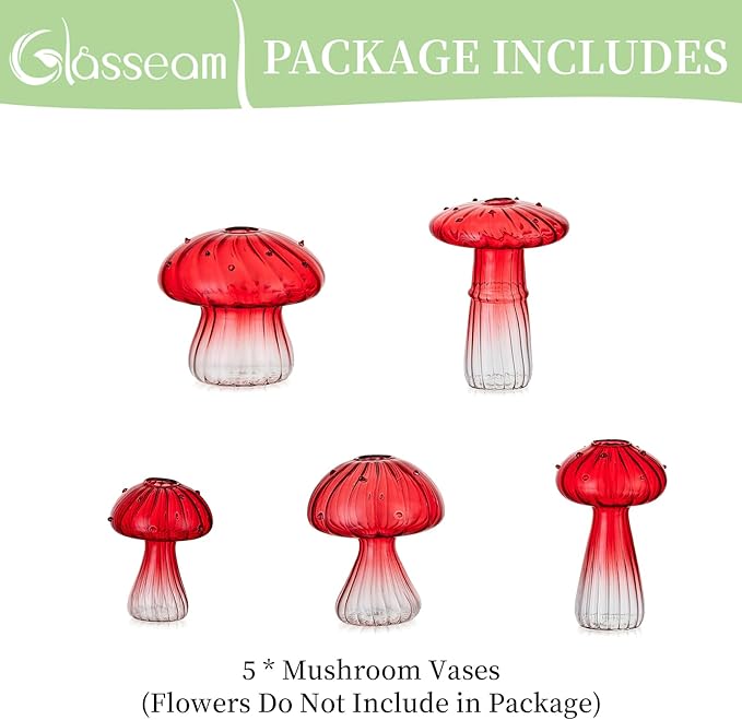 Glasseam Mushroom Plant Propagation Stations: Red Glass Terrarium Jar Set of 5 Cute Planters for Indoor Plants Decorative Propagate Station Unique Christmas Birthday Gifts for Women Home Office Decor