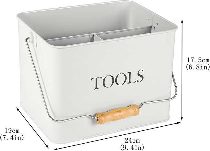 Metal Garden Tool Caddy, 3 Compartments Garden Tool Organizer with Handle, Garden Tool Box for Indoor and Outdoor, Gardening Tool Kit Holder Empty, Gardening Supplies, Gardener Gift (White)