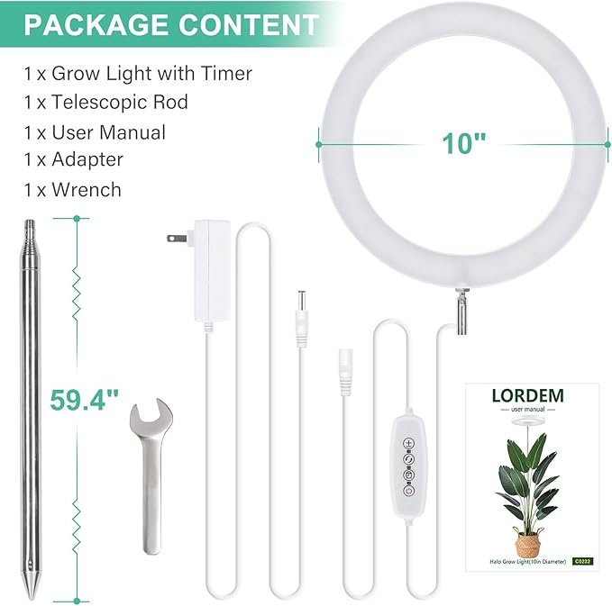 LORDEM 10" Grow Light for Indoor Plants, Full Spectrum Plant Lamp with160 LEDs, 4H/8H/12H Timer, 10 Dimmable Levels, 3 Spectrum Modes, Height Adjustable 61", Ideal for Growing Large Tall Plants