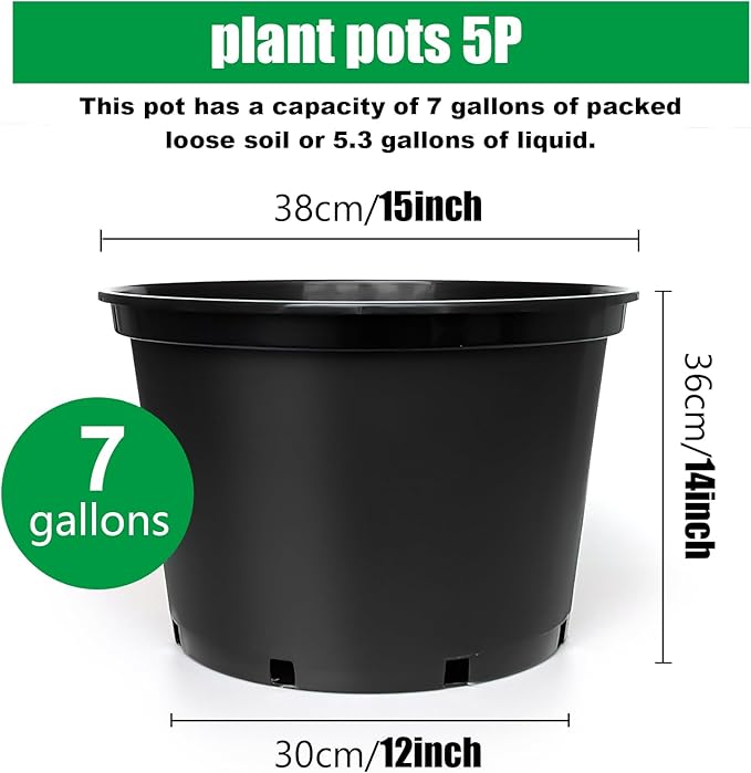 7 Gallon Plastic Nursery Pots, 15 Inch Large Plastic Pots for Plants, Round Plant Pots with Drainage Holes, Flower Pots for Outdoor Indoor Plants (5-Pack, Black)