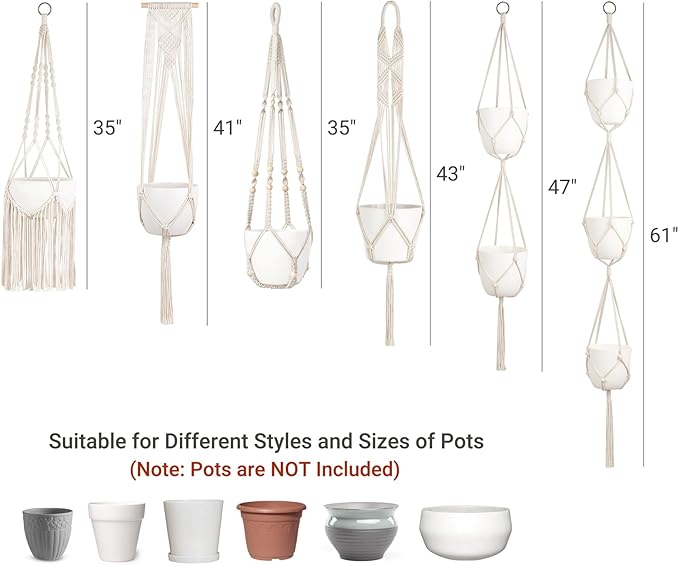 Mkono Macrame Plant Hangers, 6 Pack Indoor Hanging Planters for Plants with 6 Hooks Decorative Hanging Basket Flower Pots Holder Stand in Different Sizes for Boho Home Decor, Ivory