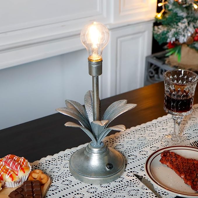 JHY DESIGN Battery Operated Lamp 13''H Vintage Decorative Cordless Lamp with LED Bulb Small Table Lamp for Bedroom Living Room Bedroom Kitchen Wedding Patio Home Decor (Antique Silver)