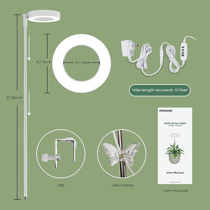 Grow Lights for Indoor Plants, Full Spectrum LED Clip Plant Lights, Height Adjustable and 3 Modes, 3/9/12h Automatic Timer, 10 Dimmable Brightness, Mini Halo Grow Lights for Small Plants