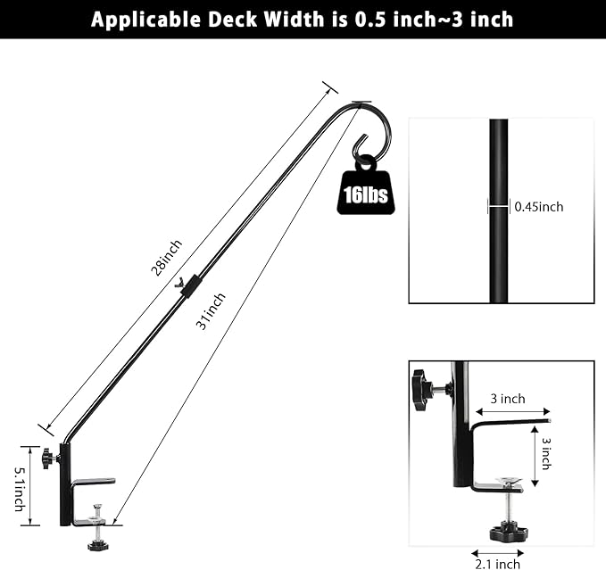 FEED GARDEN 31 Inch Heavy Duty Deck Hook for Railing 2 Pack, Non-Slip Clamp, 360 Degree Swivel, for Hanging Bird Feeders, Plants, Lanterns, Suet Baskets, Wind Chimes, Black