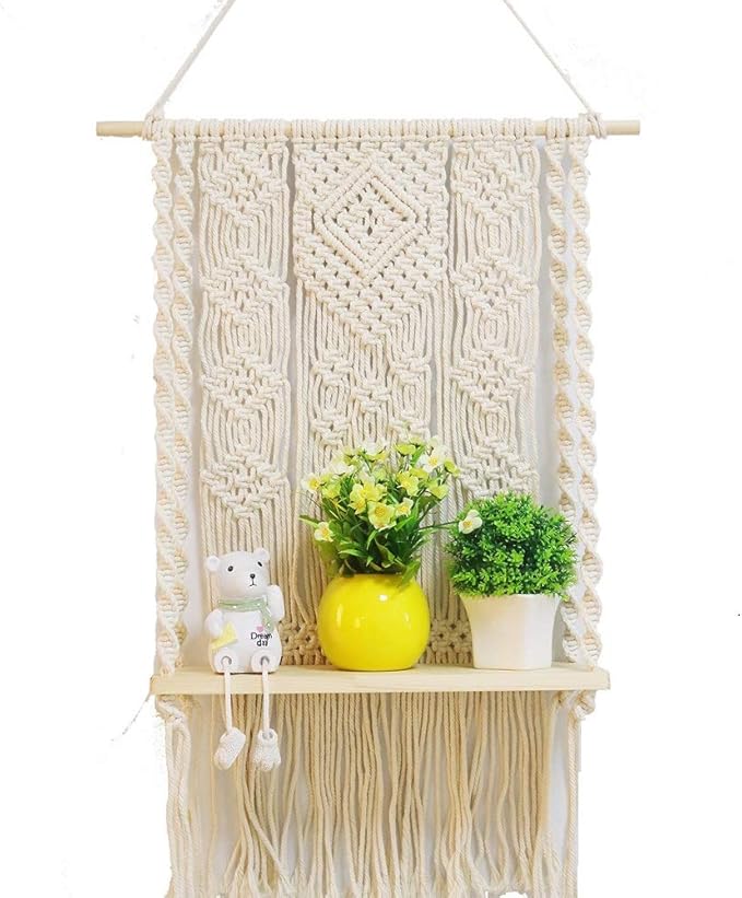 AMIAEDU Macrame Wall Hanging Shelf, Handmade Indoor Boho Pot Basket Hanger Holder, Rope Plant Hanger for Wall Decor (White)