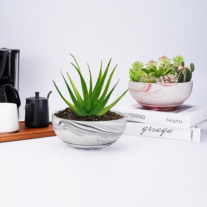 G EPGardening 8in Marble Pattern Large Round Succulent Planter Pot Modern Flower Pot Indoor and Outdoor Planter with Marble Tray