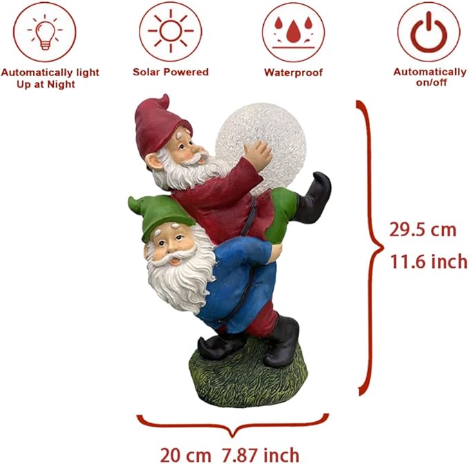 Solar Powered 2 Gnomes Playing with Ball, Decorated Solar Light, Garden Decorations Statues, Garden Light Decor for Lawn Ornaments, Resin Garden Figurines (2 Gnomes with a Glass Ball)