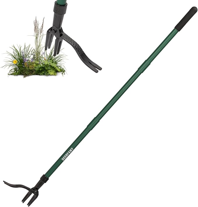DEERFAMY Stand Up Weed Puller Tool with Long Handle, Garden Weeder Tool with 4-Claw Steel Head Design, Manual Weeder with 3-Metal Structure, Effortless Weeding Without Bending, for Dandelions, Green